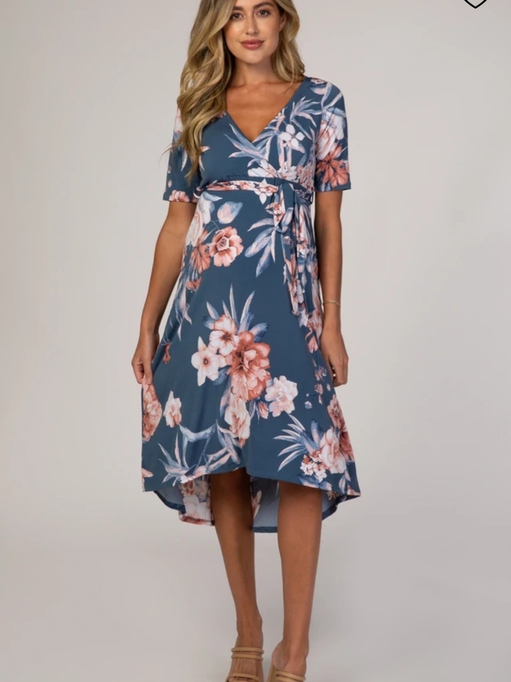 Hello MIZ Blue Floral High-Low Wrap Dress with Peach Blooms